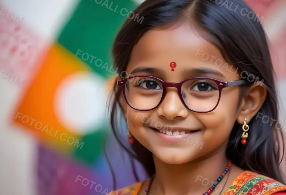 A Young Indian Girl Around 8 Years Old With Medium Brown Skin And Long Black Hair Wearing Glasses And Traditional Attire She Has A Small Red Bindi On Her Forehead And Is Smiling The Background Features Colorful Patt 11 8a7e
