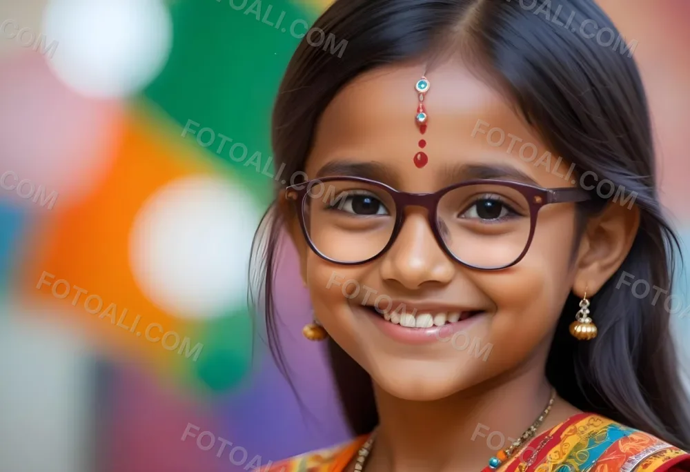 A Young Indian Girl Around 8 Years Old With Medium Brown Skin And Long Black Hair Wearing Glasses And Traditional Attire She Has A Small Red Bindi On Her Forehead And Is Smiling The Background Features Colorful Patt 13 319c