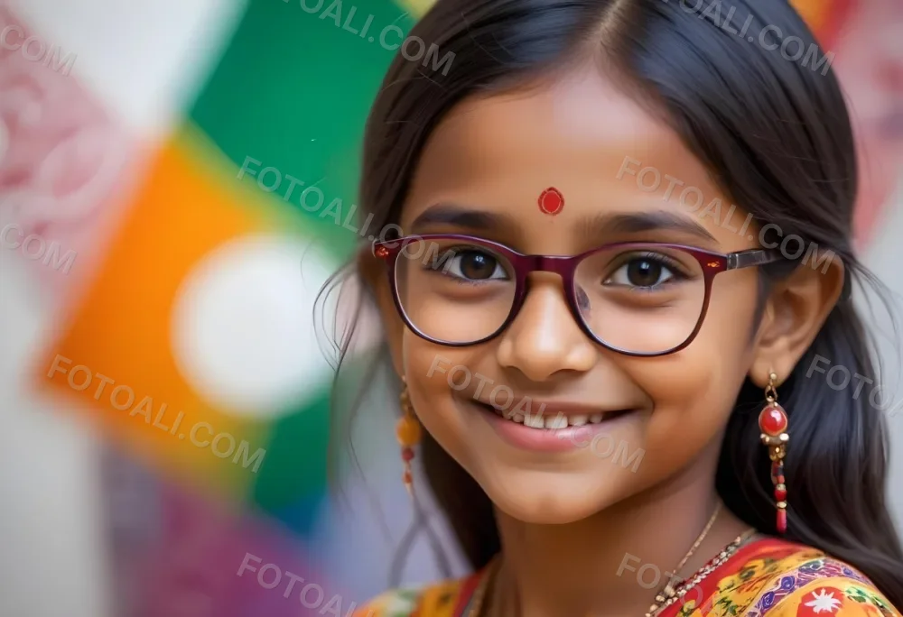 A Young Indian Girl Around 8 Years Old With Medium Brown Skin And Long Black Hair Wearing Glasses And Traditional Attire She Has A Small Red Bindi On Her Forehead And Is Smiling The Background Features Colorful Patt 15 5083