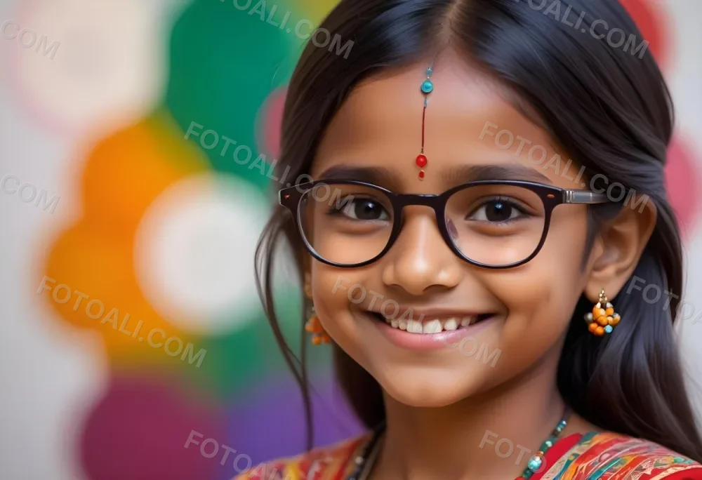 A Young Indian Girl Around 8 Years Old With Medium Brown Skin And Long Black Hair Wearing Glasses And Traditional Attire She Has A Small Red Bindi On Her Forehead And Is Smiling The Background Features Colorful Patt 19 01e7
