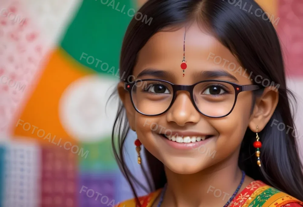 A Young Indian Girl Around 8 Years Old With Medium Brown Skin And Long Black Hair Wearing Glasses And Traditional Attire She Has A Small Red Bindi On Her Forehead And Is Smiling The Background Features Colorful Patt 21 3ce5