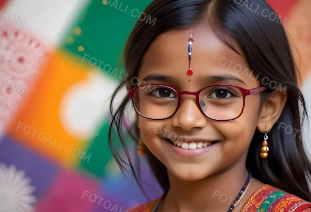 A Young Indian Girl Around 8 Years Old With Medium Brown Skin And Long Black Hair Wearing Glasses And Traditional Attire She Has A Small Red Bindi On Her Forehead And Is Smiling The Background Features Colorful Patt 25 A4c7