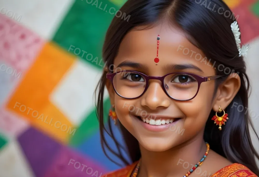 A Young Indian Girl Around 8 Years Old With Medium Brown Skin And Long Black Hair Wearing Glasses And Traditional Attire She Has A Small Red Bindi On Her Forehead And Is Smiling The Background Features Colorful Patt 29 3d3b