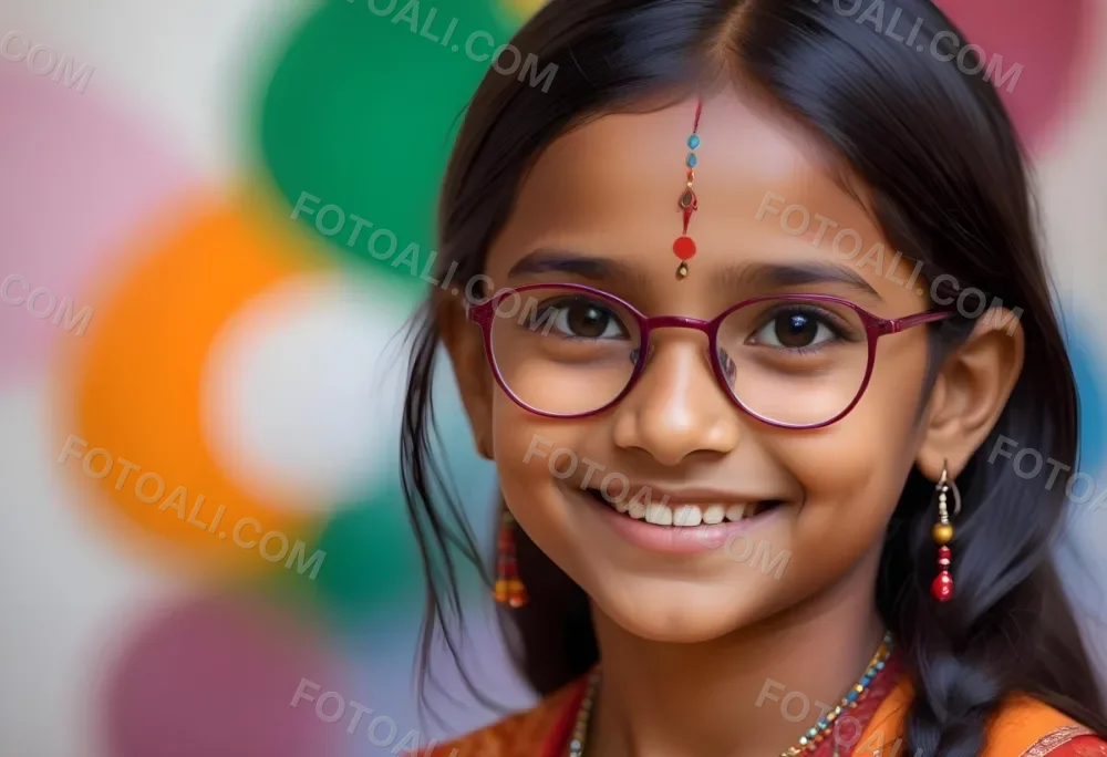 A Young Indian Girl Around 8 Years Old With Medium Brown Skin And Long Black Hair Wearing Glasses And Traditional Attire She Has A Small Red Bindi On Her Forehead And Is Smiling The Background Features Colorful Patt 3 Ead7