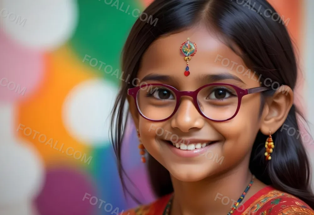 A Young Indian Girl Around 8 Years Old With Medium Brown Skin And Long Black Hair Wearing Glasses And Traditional Attire She Has A Small Red Bindi On Her Forehead And Is Smiling The Background Features Colorful Patt 33 345b