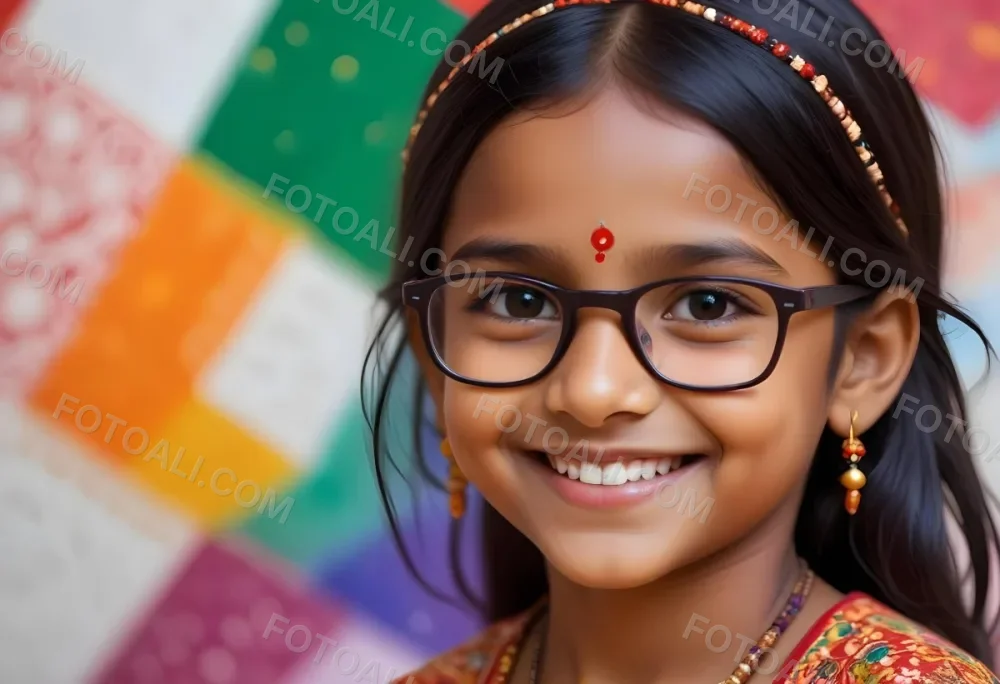 A Young Indian Girl Around 8 Years Old With Medium Brown Skin And Long Black Hair Wearing Glasses And Traditional Attire She Has A Small Red Bindi On Her Forehead And Is Smiling The Background Features Colorful Patt 34 Db5e