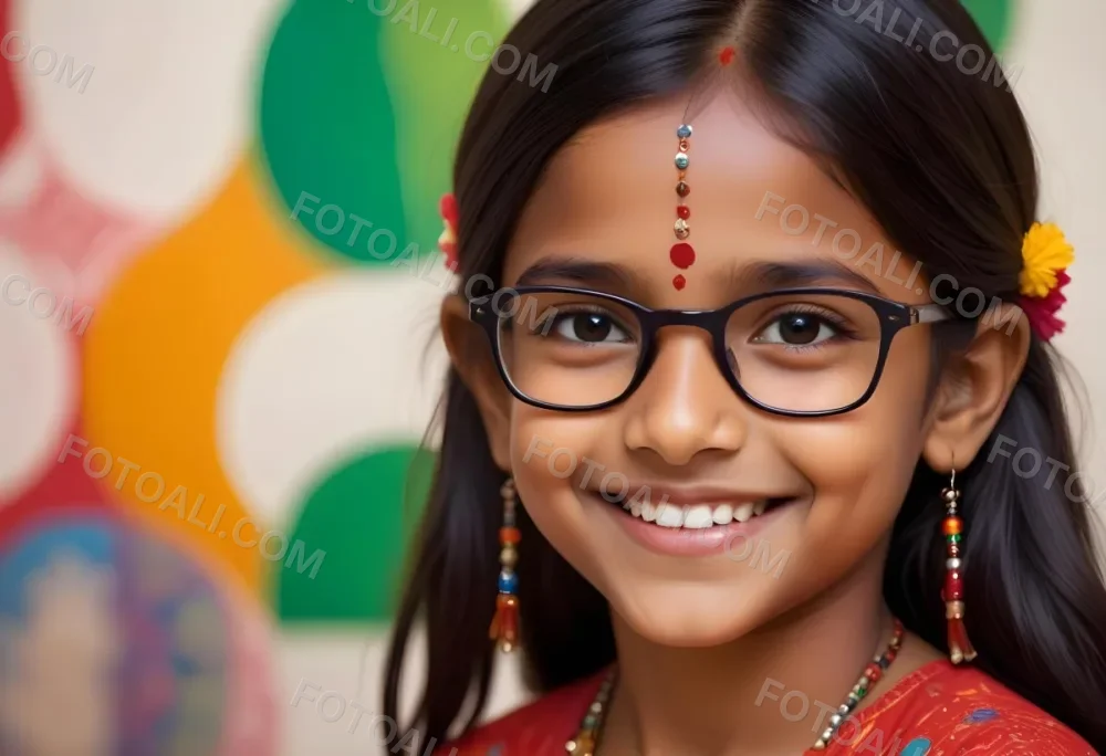 A Young Indian Girl Around 8 Years Old With Medium Brown Skin And Long Black Hair Wearing Glasses And Traditional Attire She Has A Small Red Bindi On Her Forehead And Is Smiling The Background Features Colorful Patt 35 35d7