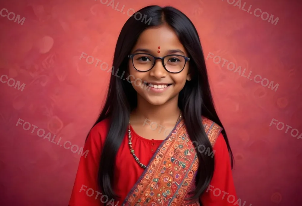 A Young Indian Girl Around 8 Years Old With Medium Brown Skin And Long Black Hair Wearing Glasses And Traditional Attire She Has A Small Red Bindi On Her Forehead And Is Smiling The Background Features Colorful Patt 38 Ff07