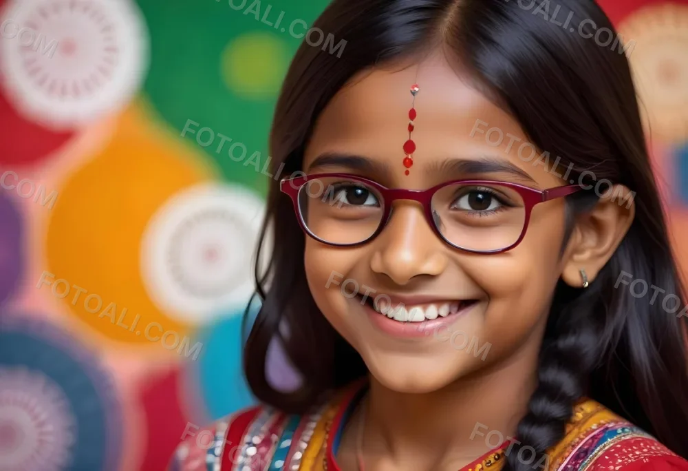 A Young Indian Girl Around 8 Years Old With Medium Brown Skin And Long Black Hair Wearing Glasses And Traditional Attire She Has A Small Red Bindi On Her Forehead And Is Smiling The Background Features Colorful Patt 39 F012