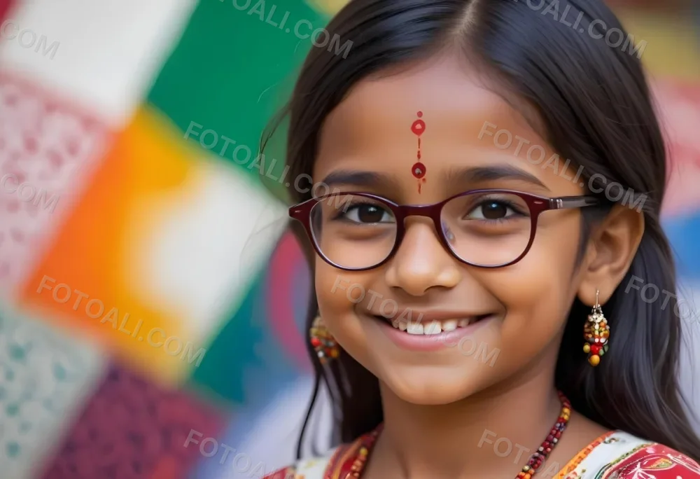 A Young Indian Girl Around 8 Years Old With Medium Brown Skin And Long Black Hair Wearing Glasses And Traditional Attire She Has A Small Red Bindi On Her Forehead And Is Smiling The Background Features Colorful Patt 4 088a