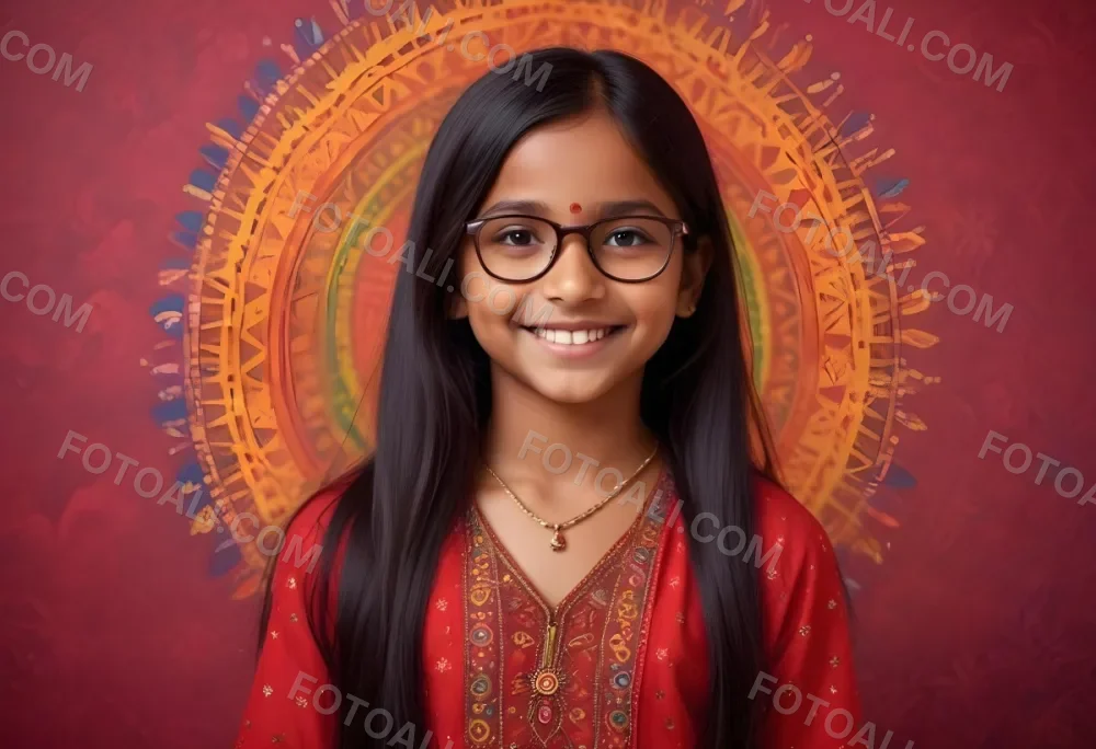 A Young Indian Girl Around 8 Years Old With Medium Brown Skin And Long Black Hair Wearing Glasses And Traditional Attire She Has A Small Red Bindi On Her Forehead And Is Smiling The Background Features Colorful Patt 42 8deb