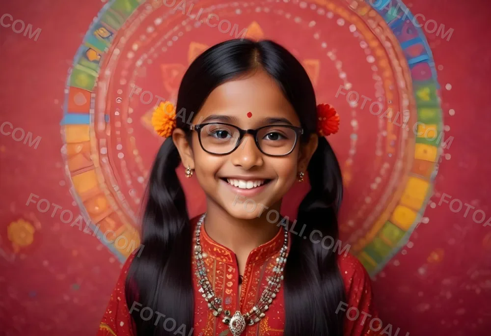 A Young Indian Girl Around 8 Years Old With Medium Brown Skin And Long Black Hair Wearing Glasses And Traditional Attire She Has A Small Red Bindi On Her Forehead And Is Smiling The Background Features Colorful Patt 43 643e
