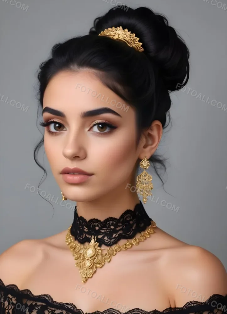 A Young Middle Eastern Woman With Dark Hair Styled In An Updo Wearing Gold Jewelry And A Black Lace Choker Against A Gray Background 1 9576