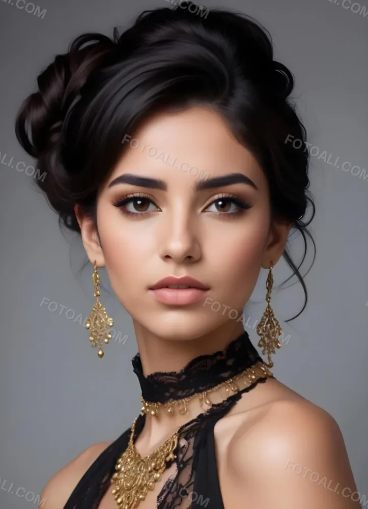 A Young Middle Eastern Woman With Dark Hair Styled In An Updo Wearing Gold Jewelry And A Black Lace Choker Against A Gray Background 10 F286