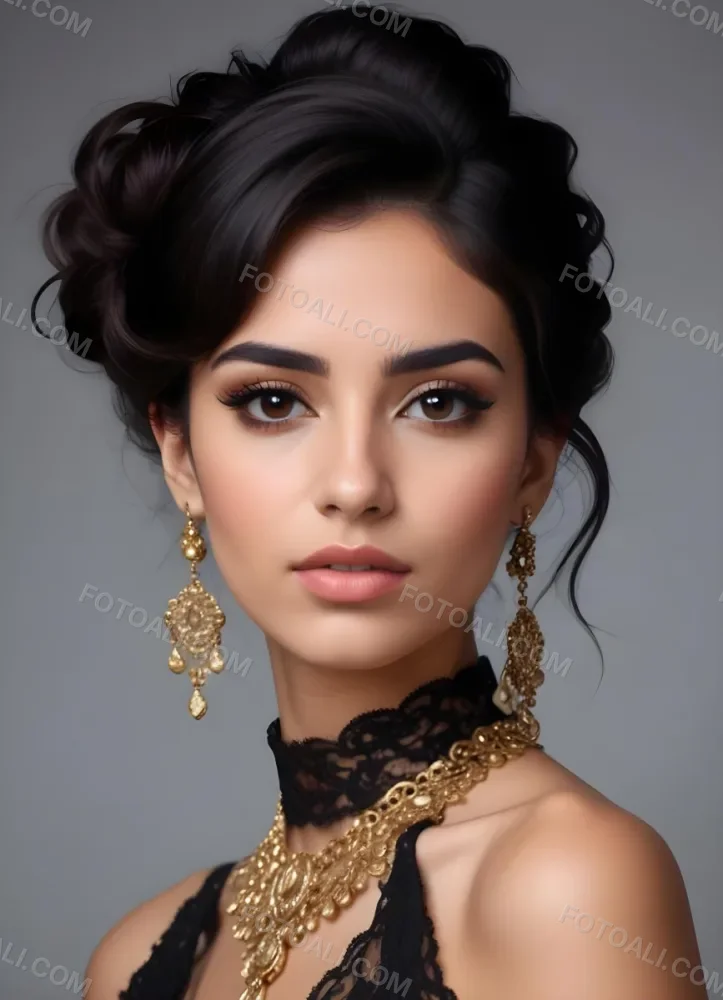 A Young Middle Eastern Woman With Dark Hair Styled In An Updo Wearing Gold Jewelry And A Black Lace Choker Against A Gray Background 11 7dd5