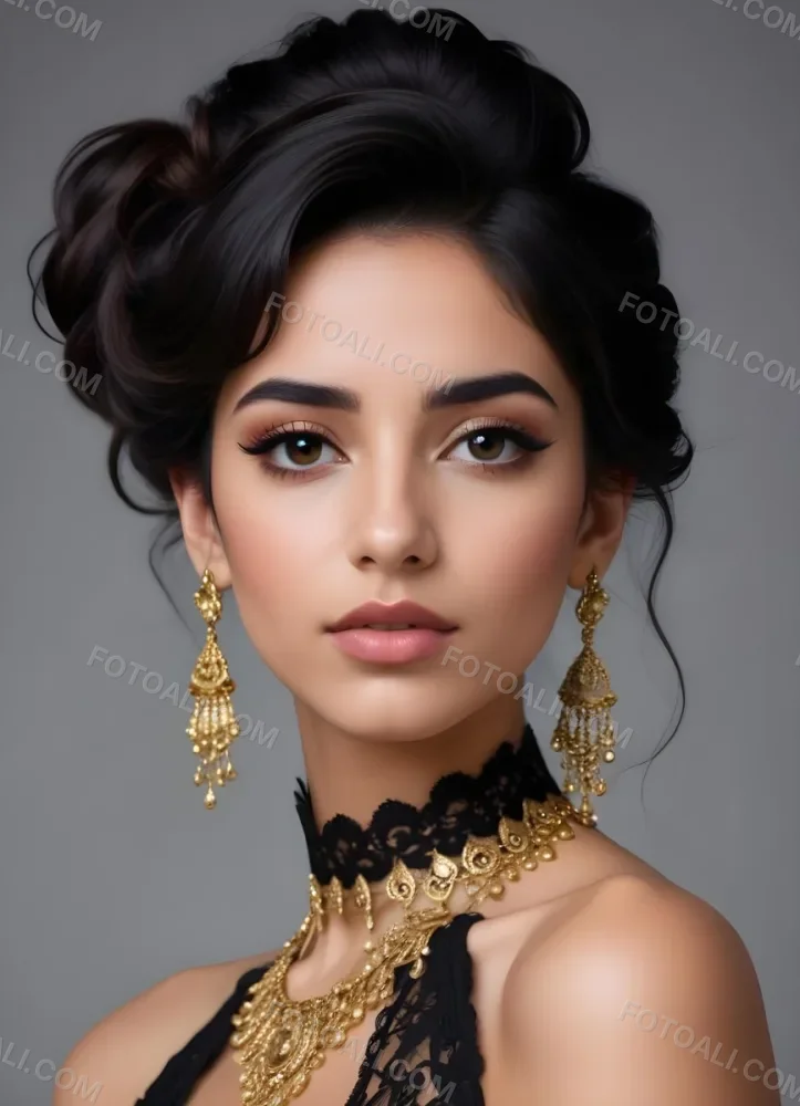 A Young Middle Eastern Woman With Dark Hair Styled In An Updo Wearing Gold Jewelry And A Black Lace Choker Against A Gray Background 13 519f