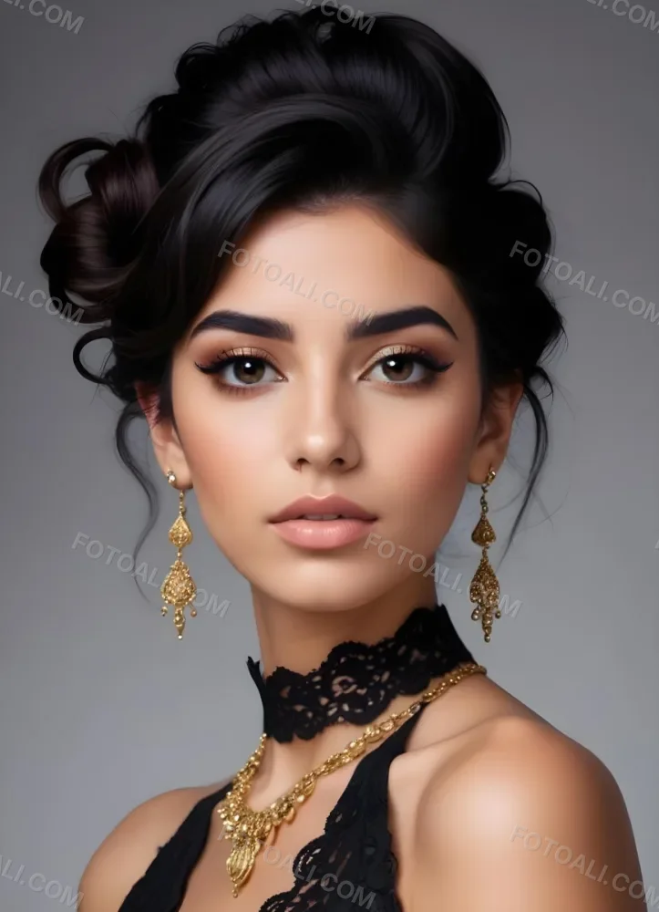 A Young Middle Eastern Woman With Dark Hair Styled In An Updo Wearing Gold Jewelry And A Black Lace Choker Against A Gray Background 14 2505