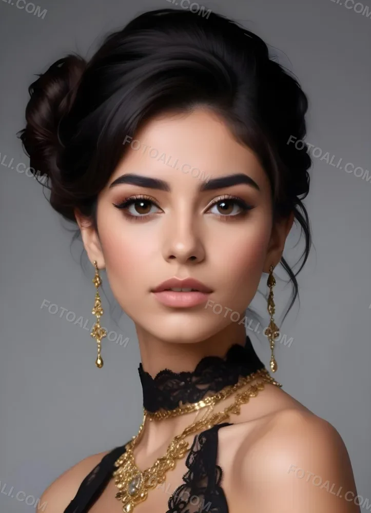 A Young Middle Eastern Woman With Dark Hair Styled In An Updo Wearing Gold Jewelry And A Black Lace Choker Against A Gray Background 16 37ea