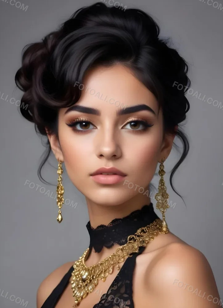 A Young Middle Eastern Woman With Dark Hair Styled In An Updo Wearing Gold Jewelry And A Black Lace Choker Against A Gray Background 3 Af92