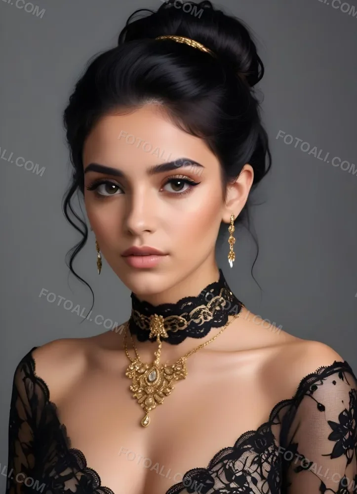 A Young Middle Eastern Woman With Dark Hair Styled In An Updo Wearing Gold Jewelry And A Black Lace Choker Against A Gray Background 4 A8b6
