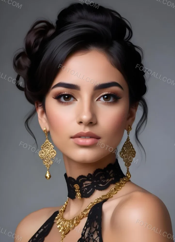 A Young Middle Eastern Woman With Dark Hair Styled In An Updo Wearing Gold Jewelry And A Black Lace Choker Against A Gray Background 5 3f8f