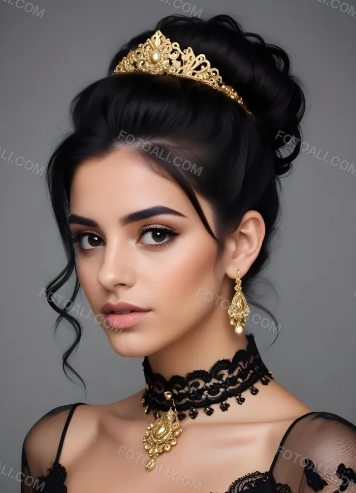 A Young Middle Eastern Woman With Dark Hair Styled In An Updo Wearing Gold Jewelry And A Black Lace Choker Against A Gray Background 6 Fc77