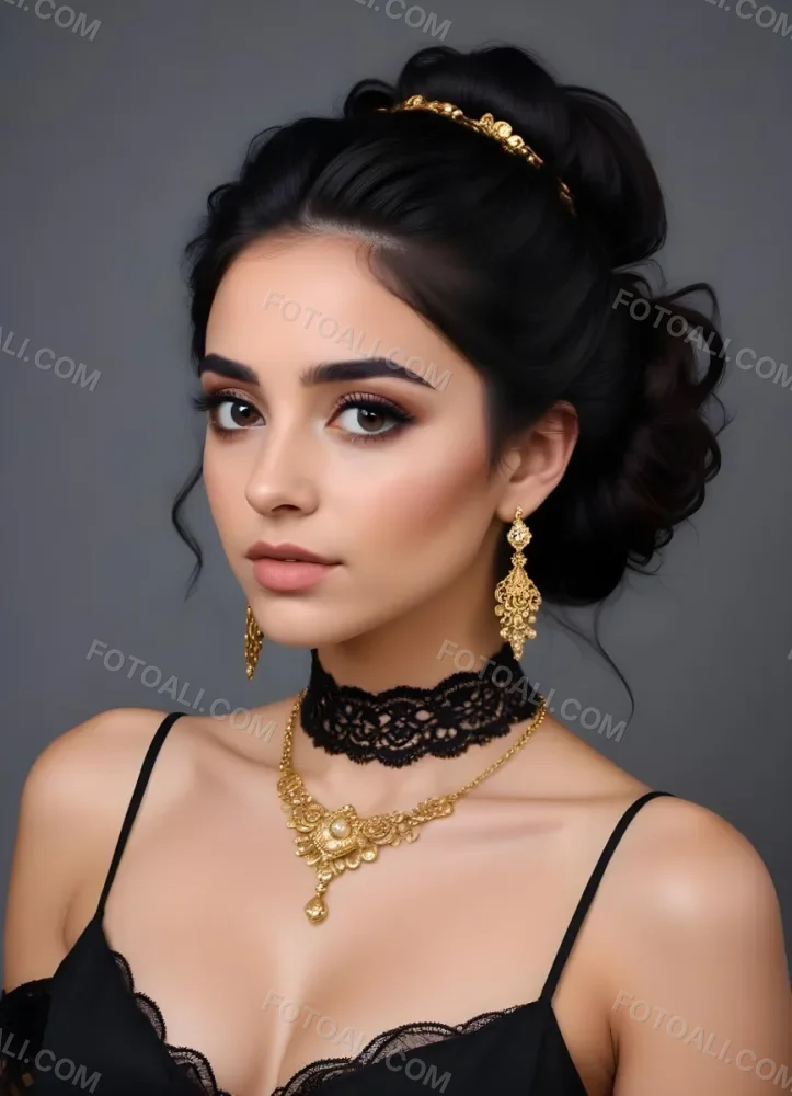 A Young Middle Eastern Woman With Dark Hair Styled In An Updo Wearing Gold Jewelry And A Black Lace Choker Against A Gray Background 7 Cd8b