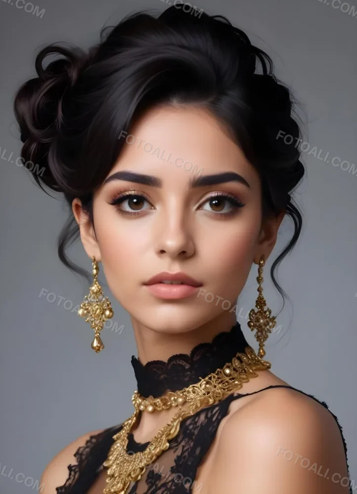 A Young Middle Eastern Woman With Dark Hair Styled In An Updo Wearing Gold Jewelry And A Black Lace Choker Against A Gray Background 8 66f0