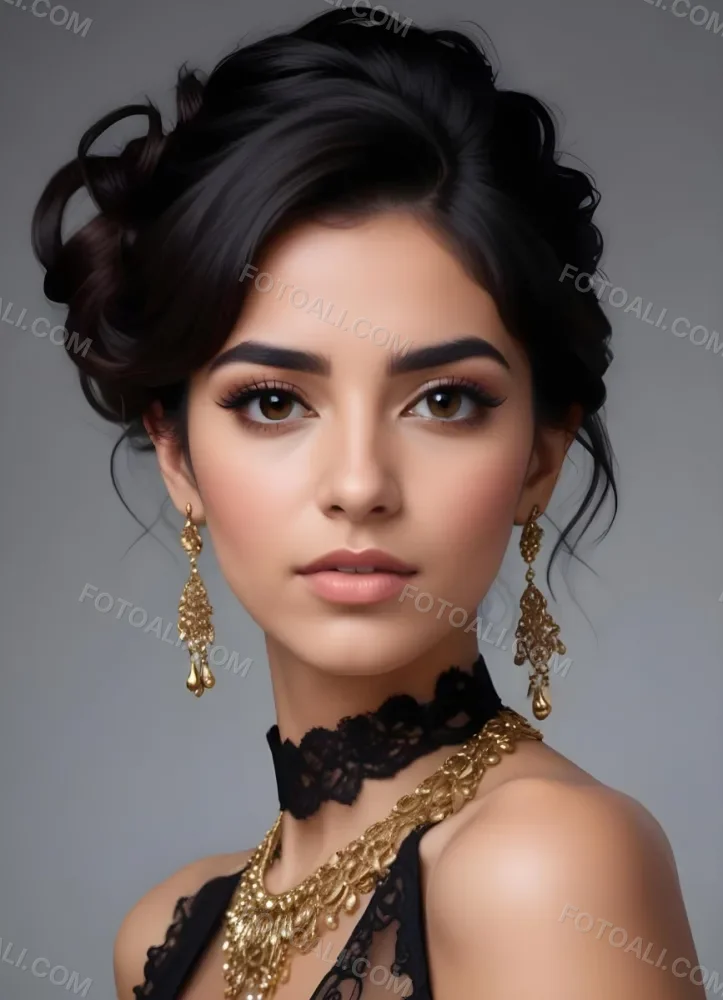 A Young Middle Eastern Woman With Dark Hair Styled In An Updo Wearing Gold Jewelry And A Black Lace Choker Against A Gray Background 9 Ada3