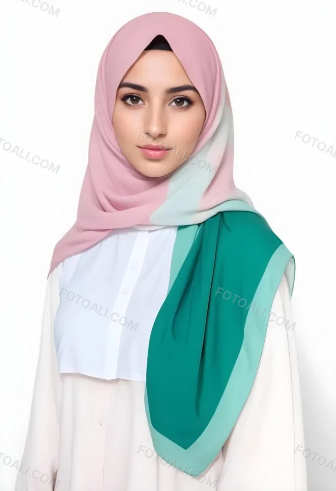 A Young Middle Eastern Woman With Dark Hair Wearing A Pink And Green Hijab 1 E50e