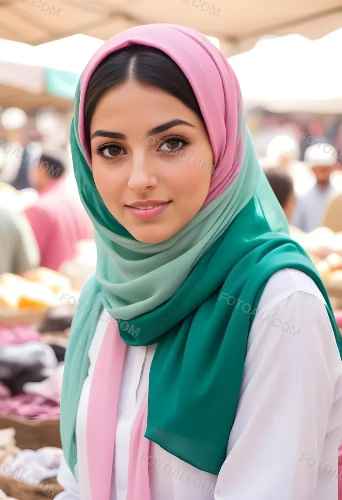 A Young Middle Eastern Woman With Dark Hair Wearing A Pink And Green Hijab 11 060f
