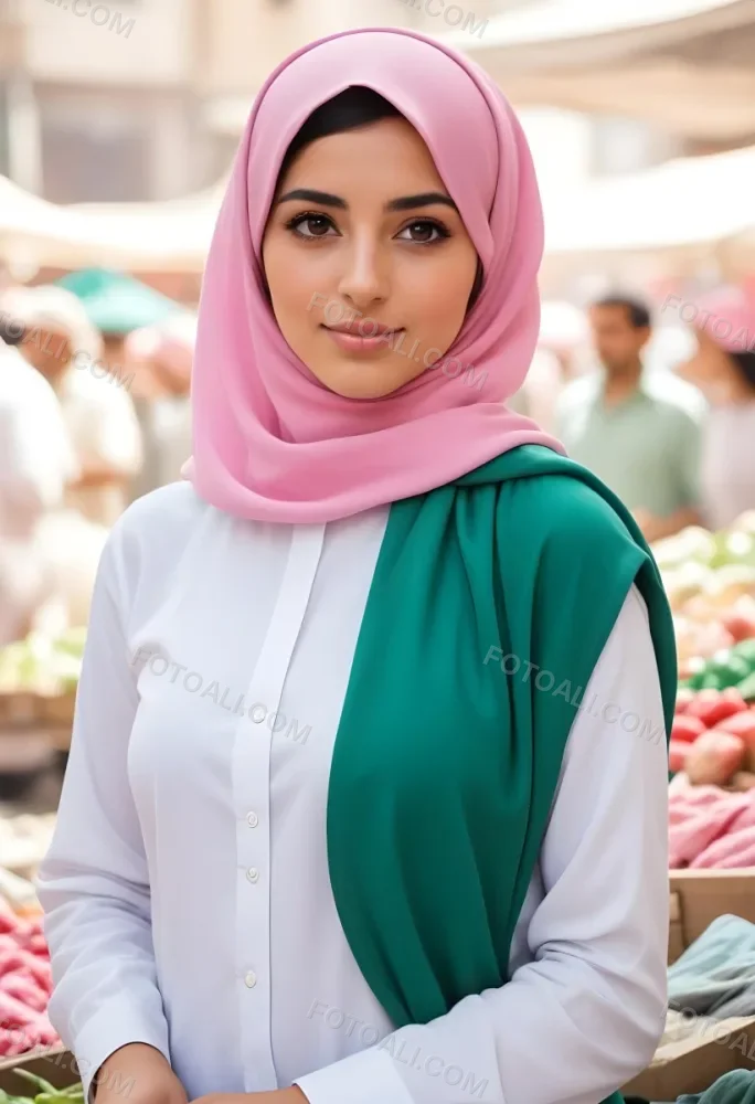 A Young Middle Eastern Woman With Dark Hair Wearing A Pink And Green Hijab 12 7374
