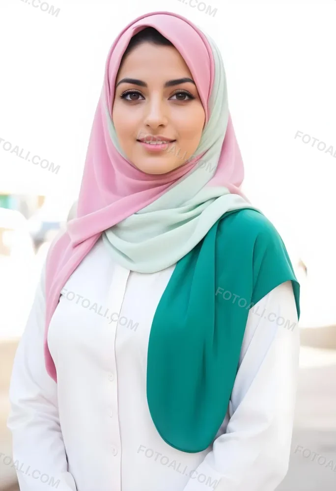 A Young Middle Eastern Woman With Dark Hair Wearing A Pink And Green Hijab 14 2456