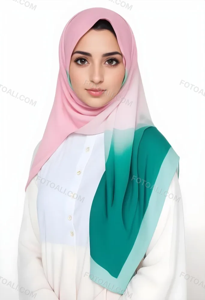 A Young Middle Eastern Woman With Dark Hair Wearing A Pink And Green Hijab 6 De03