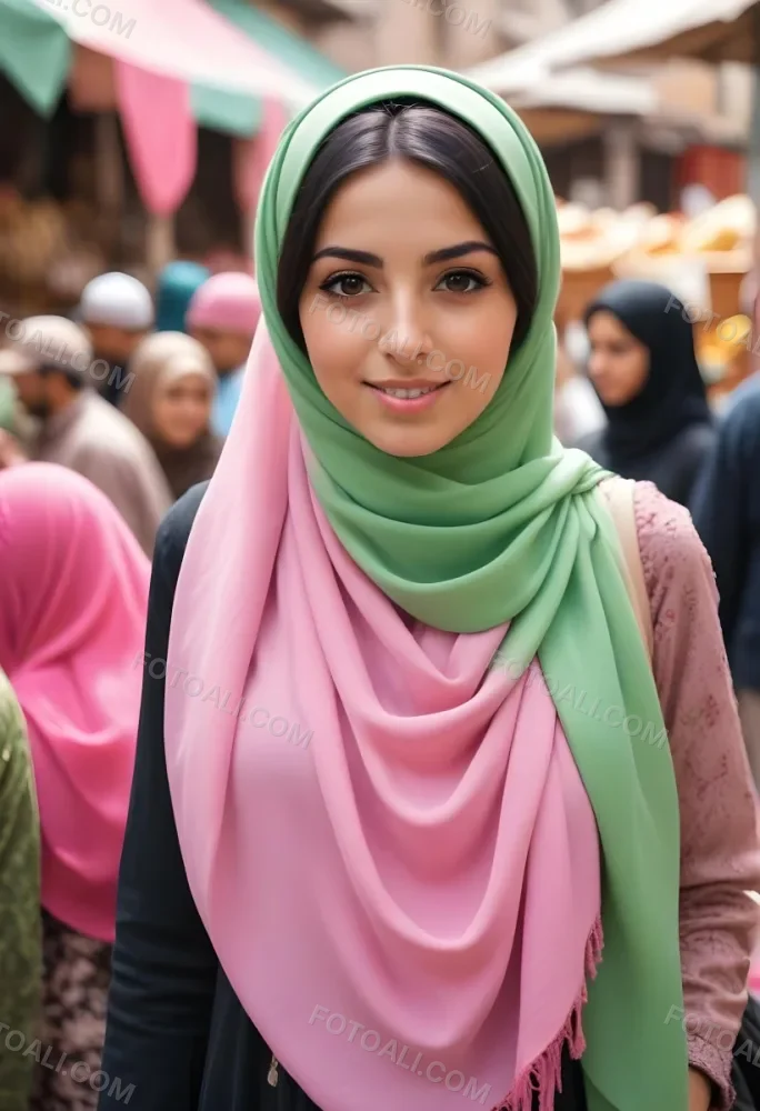 A Young Middle Eastern Woman With Dark Hair Wearing A Pink And Green Hijab 9 Eb6d