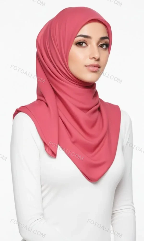A Young Middle Eastern Woman With Dark Hair Wearing A Pink Hijab Looking Directly At The Camera With A Serious Expression 1 76c6