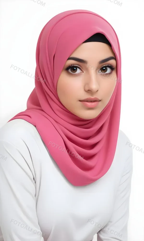 A Young Middle Eastern Woman With Dark Hair Wearing A Pink Hijab Looking Directly At The Camera With A Serious Expression 1 Af1f