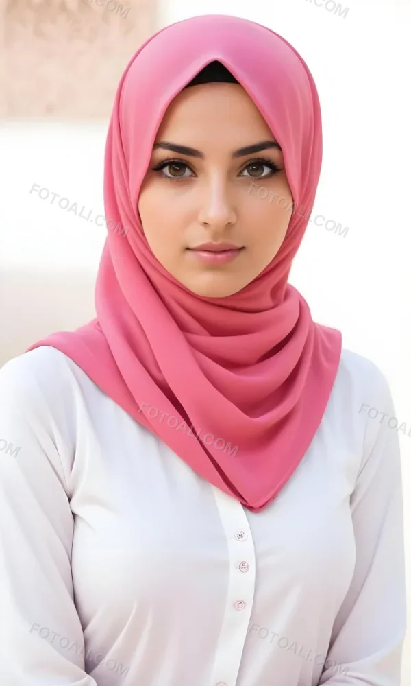 A Young Middle Eastern Woman With Dark Hair Wearing A Pink Hijab Looking Directly At The Camera With A Serious Expression 2 0561