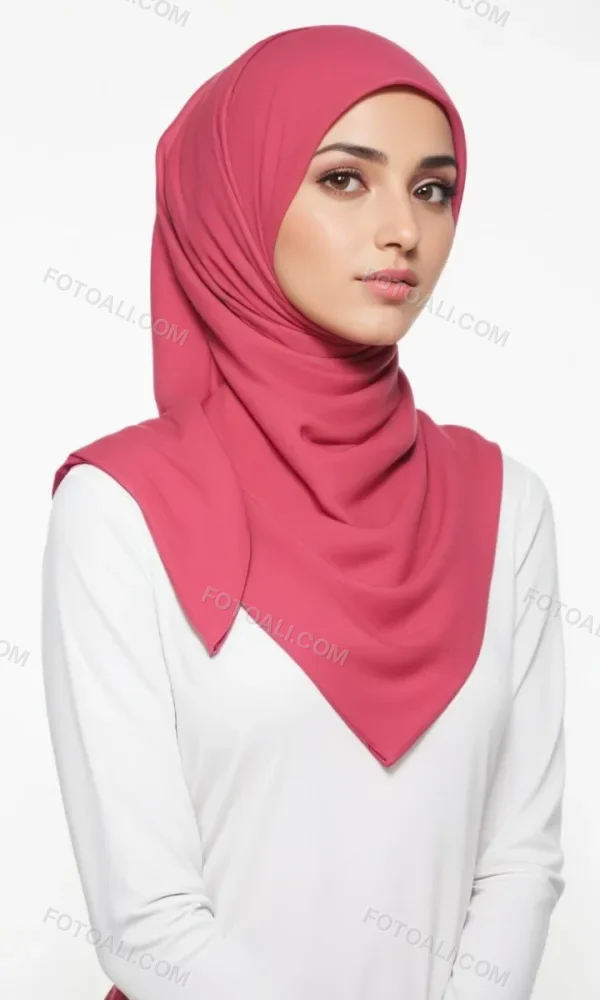 A Young Middle Eastern Woman With Dark Hair Wearing A Pink Hijab Looking Directly At The Camera With A Serious Expression 3 1474