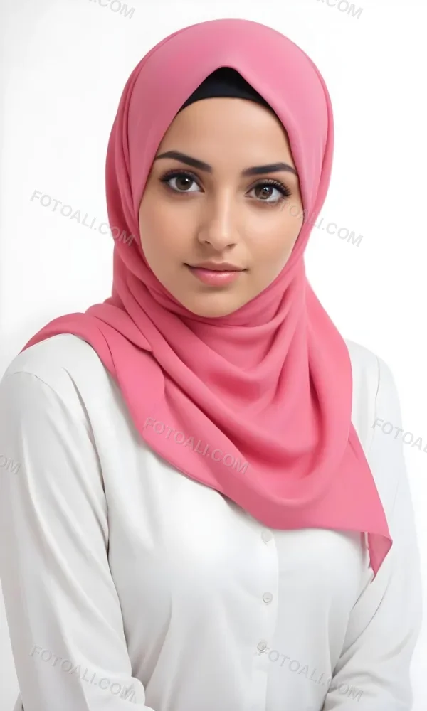 A Young Middle Eastern Woman With Dark Hair Wearing A Pink Hijab Looking Directly At The Camera With A Serious Expression 3 Bc31