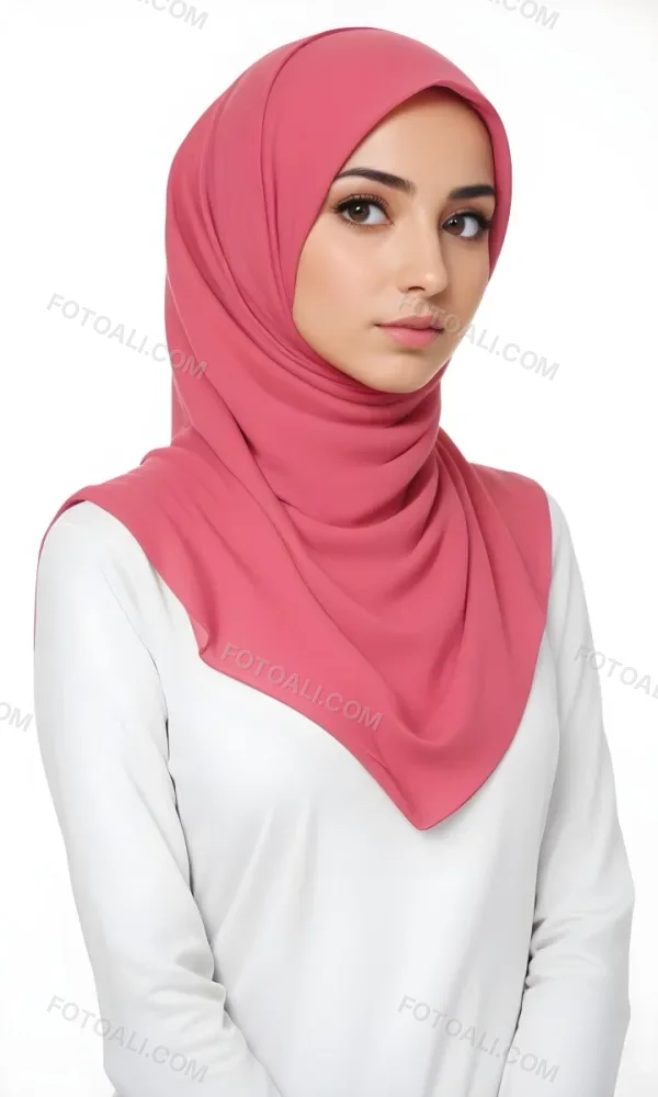 A Young Middle Eastern Woman With Dark Hair Wearing A Pink Hijab Looking Directly At The Camera With A Serious Expression 4 855c
