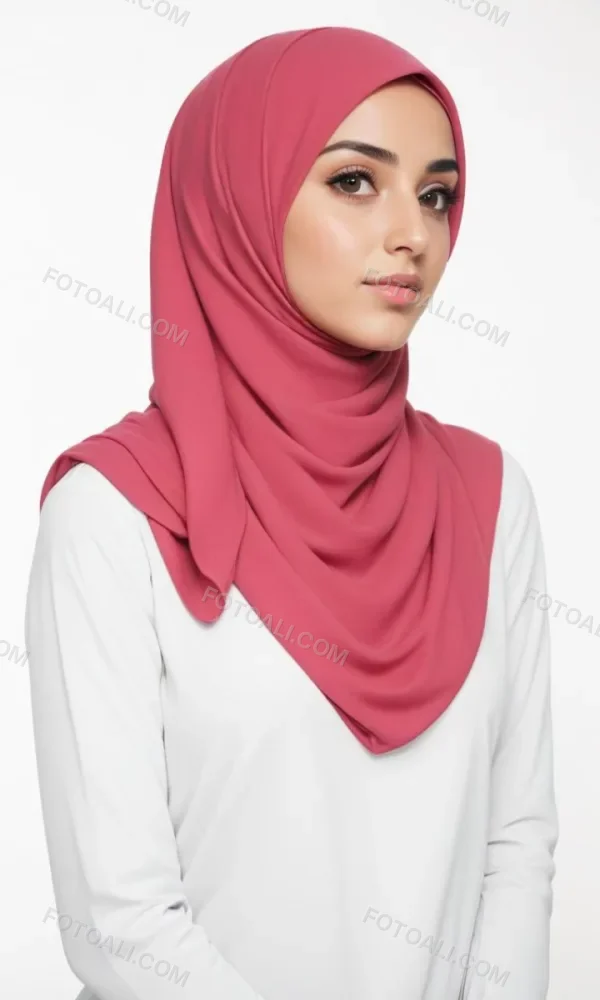 A Young Middle Eastern Woman With Dark Hair Wearing A Pink Hijab Looking Directly At The Camera With A Serious Expression 5 9aad
