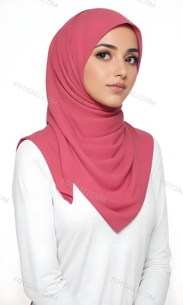 A Young Middle Eastern Woman With Dark Hair Wearing A Pink Hijab Looking Directly At The Camera With A Serious Expression 5 E7b8