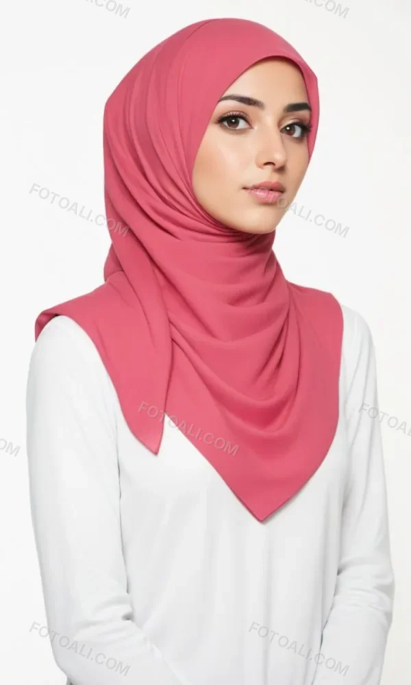 A Young Middle Eastern Woman With Dark Hair Wearing A Pink Hijab Looking Directly At The Camera With A Serious Expression 6 1ab3