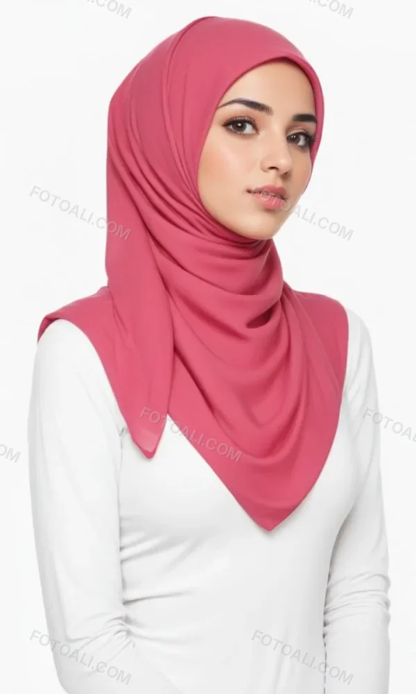 A Young Middle Eastern Woman With Dark Hair Wearing A Pink Hijab Looking Directly At The Camera With A Serious Expression 7 8b87