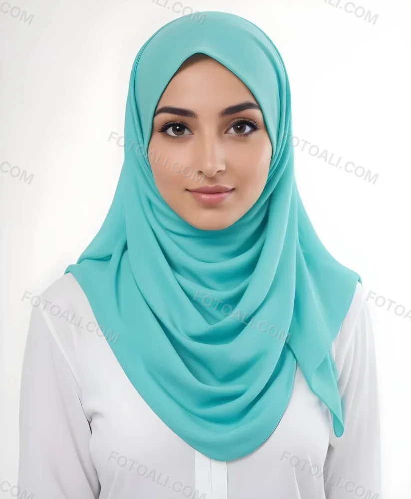 A Young Middle Eastern Woman With Dark Hair Wearing A Teal Hijab Looking Directly At The Camera With A Slight Smile In A Park During Daytime 10 A496