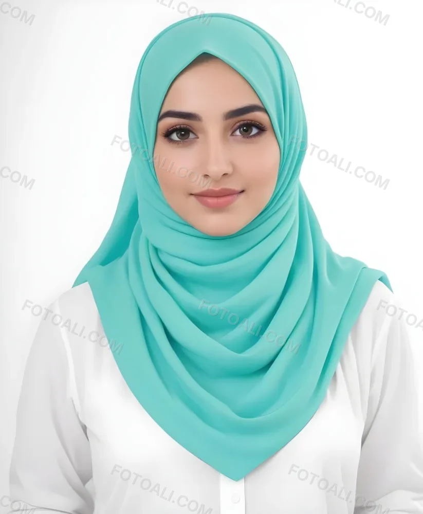 A Young Middle Eastern Woman With Dark Hair Wearing A Teal Hijab Looking Directly At The Camera With A Slight Smile In A Park During Daytime 12 3746