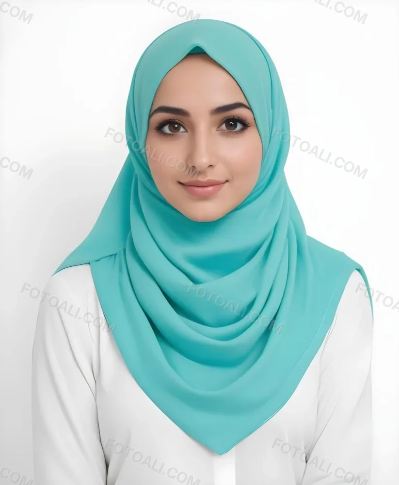 A Young Middle Eastern Woman With Dark Hair Wearing A Teal Hijab Looking Directly At The Camera With A Slight Smile In A Park During Daytime 16 4389