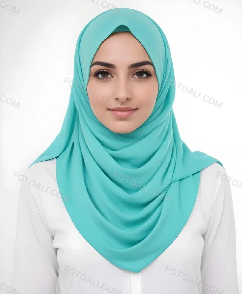 A Young Middle Eastern Woman With Dark Hair Wearing A Teal Hijab Looking Directly At The Camera With A Slight Smile In A Park During Daytime 6 89d8