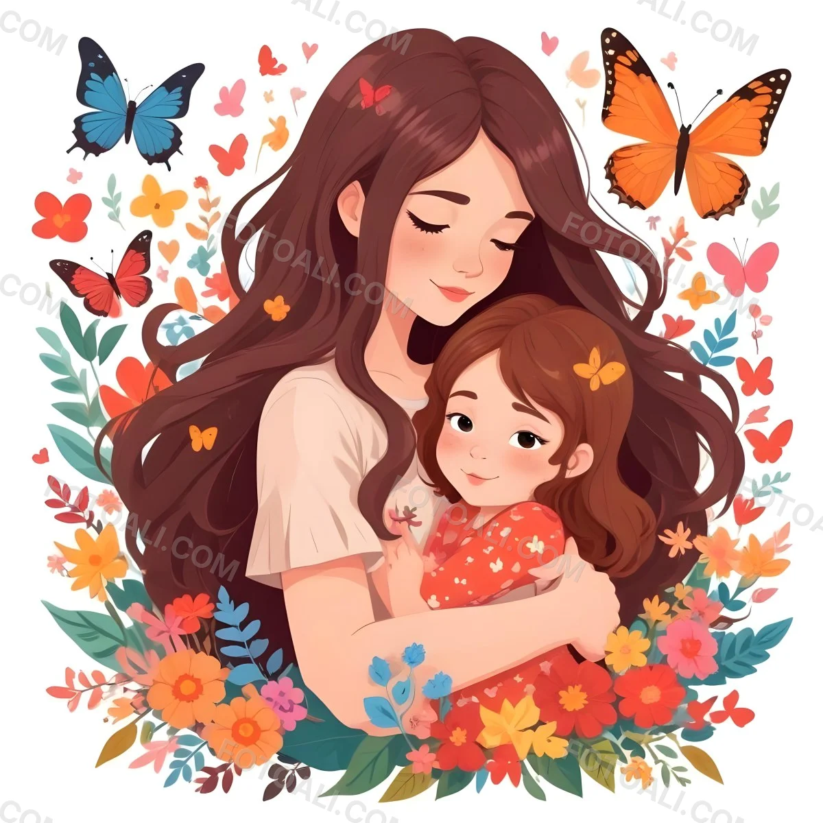 A Young Mother With Long Brown Hair Embracing Her Young Daughter Surrounded By Colorful Flowers Butterflies And Hearts 89